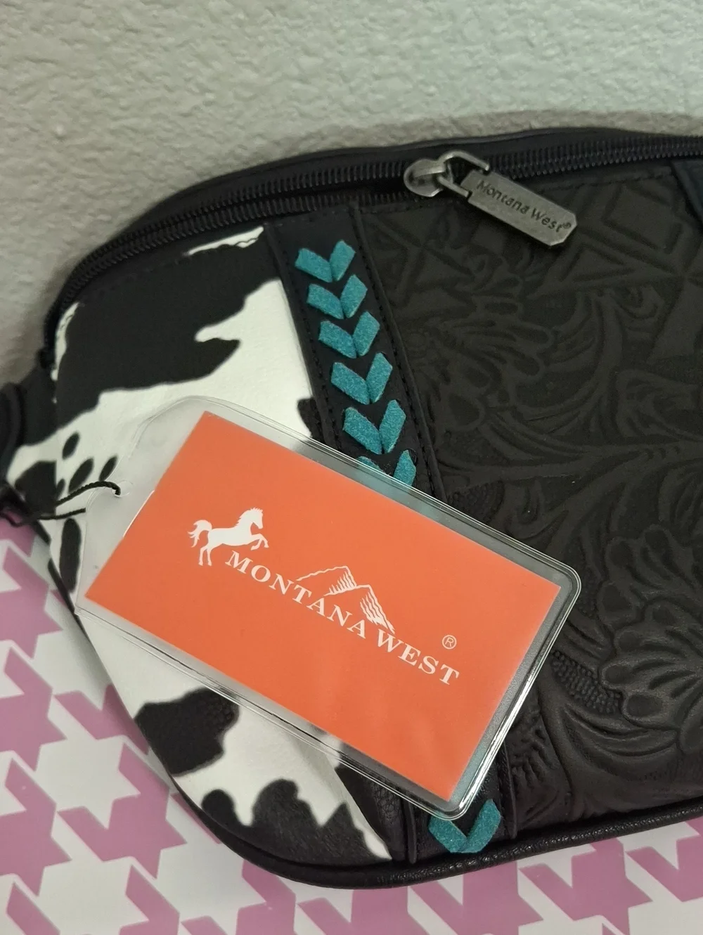 Black & White Cowhide Crossbody Bag with Teal Accents  MONTANA WEST